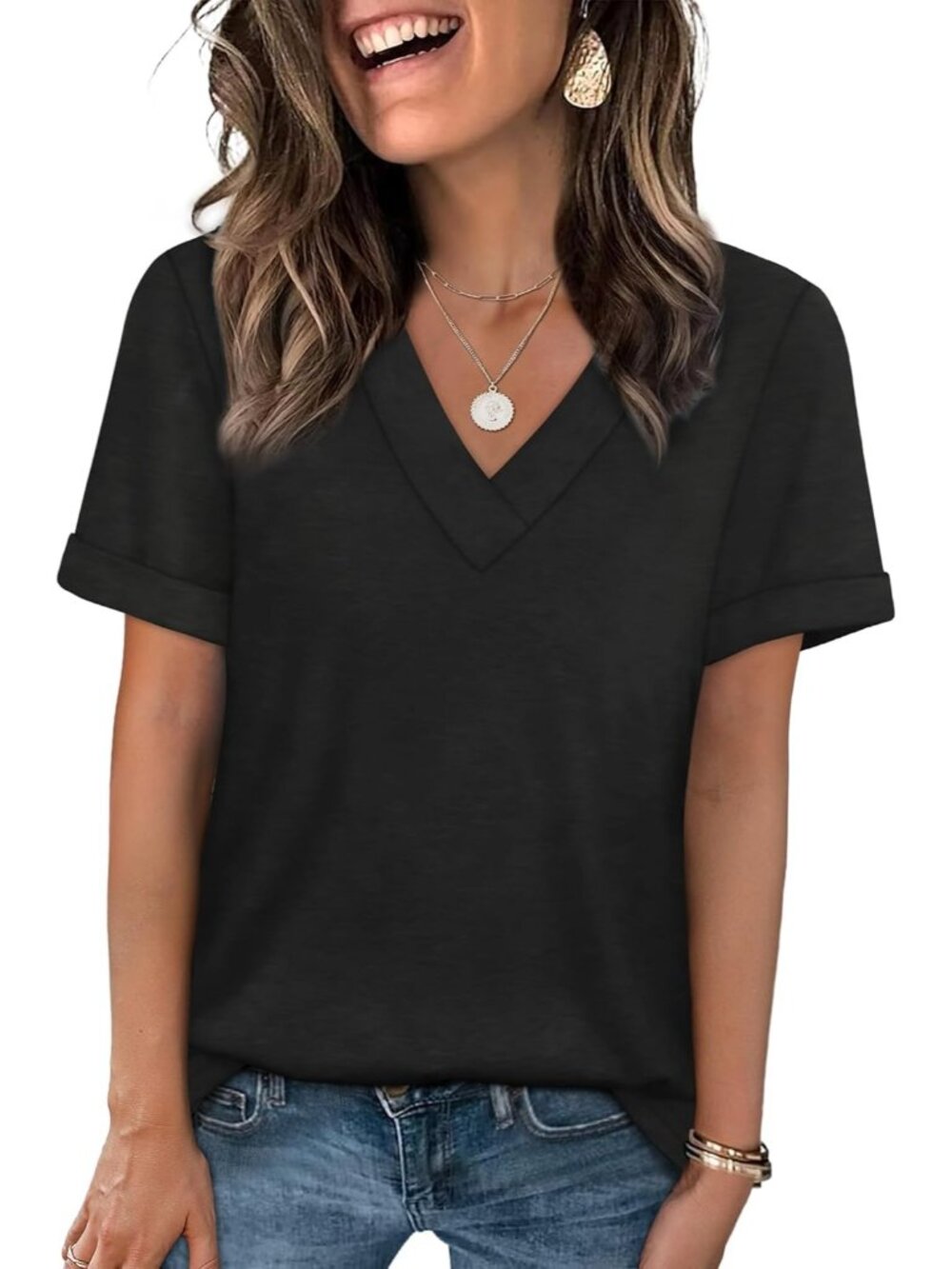 🆕Women's Black Summer Tops Short Sleeve Basic Casual V Neck T Shirts Trendy
